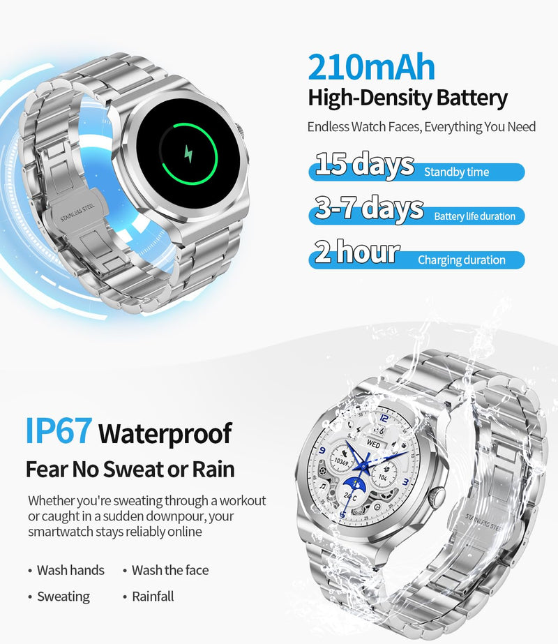 Smart Watch for Men Women, Make/Answer Calls, 1.27 Inch Full Touch Screen | 100+ Sport Modes, IP67 waterproof, health/heart rate/sleep tracking, compatible with Android & iOS, includes 2 straps. White steel belt