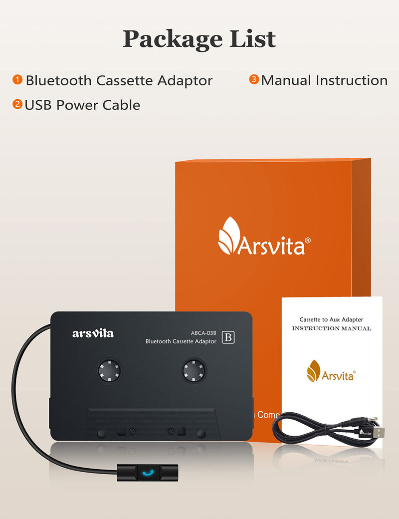 arsvita Bluetooth 5.0 Cassette to Aux Adapter for Car, Tape Audio Adapter, Hands-Free Call, Charcoal Black