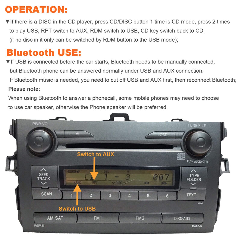 Car Stereo Transmitter Build-in Bluetooth 5.0 with USB & AUX Input Hands-Free Calling Adapter for Toyota Corolla 2005-2011, RAV4 2003-2011, Avensis 2003-2011, Tacoma 2004-2008 For No Navigation