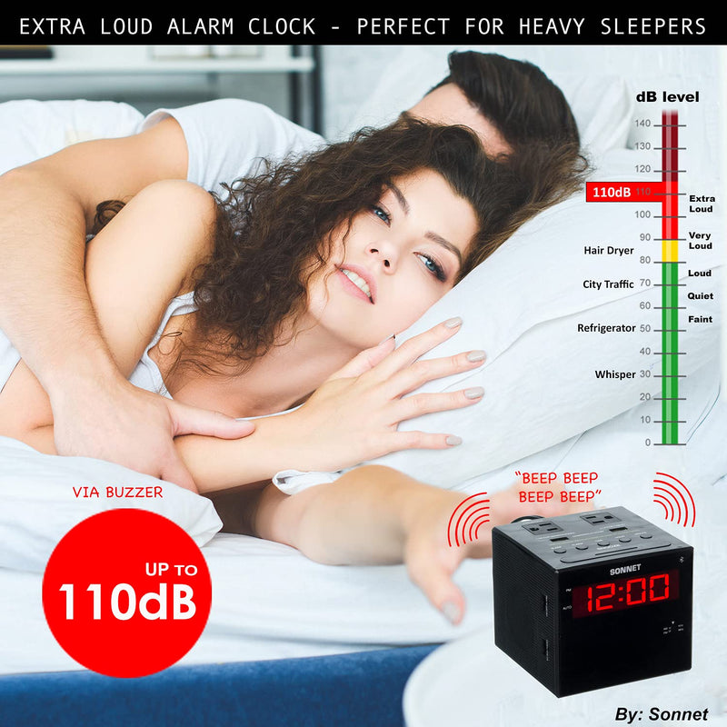 Sonnet Alarm Clock Charging Station, AM FM Radio, Dual USB Charging Ports, Dual AC Outlets, Very Loud Alarm Clock for Heavy Sleepers and The Hearing Impaired for Desk, Bedroom R1414-NO BLUETOOTH