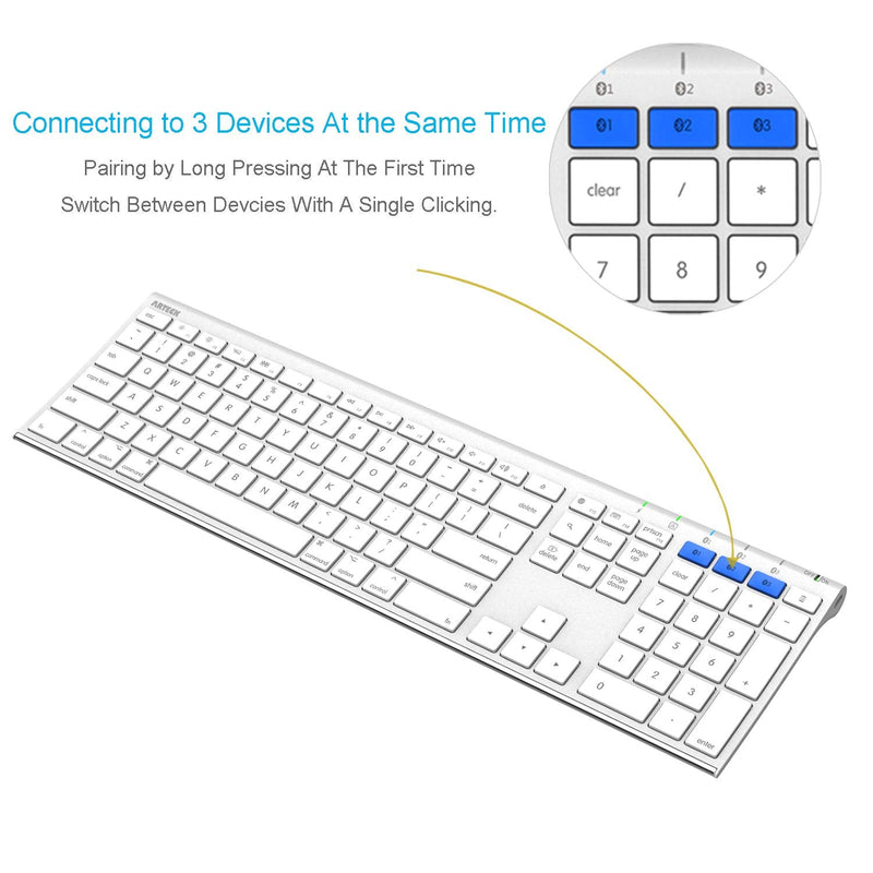 Arteck Bluetooth Keyboard for Mac iPad Multi-Device Stainless Steel Full Size Wireless Keyboard Compatible with iPad, iMac, Mac Mini, MacBook, iPhone, Mac OS, iOS, Built-in Rechargeable Battery