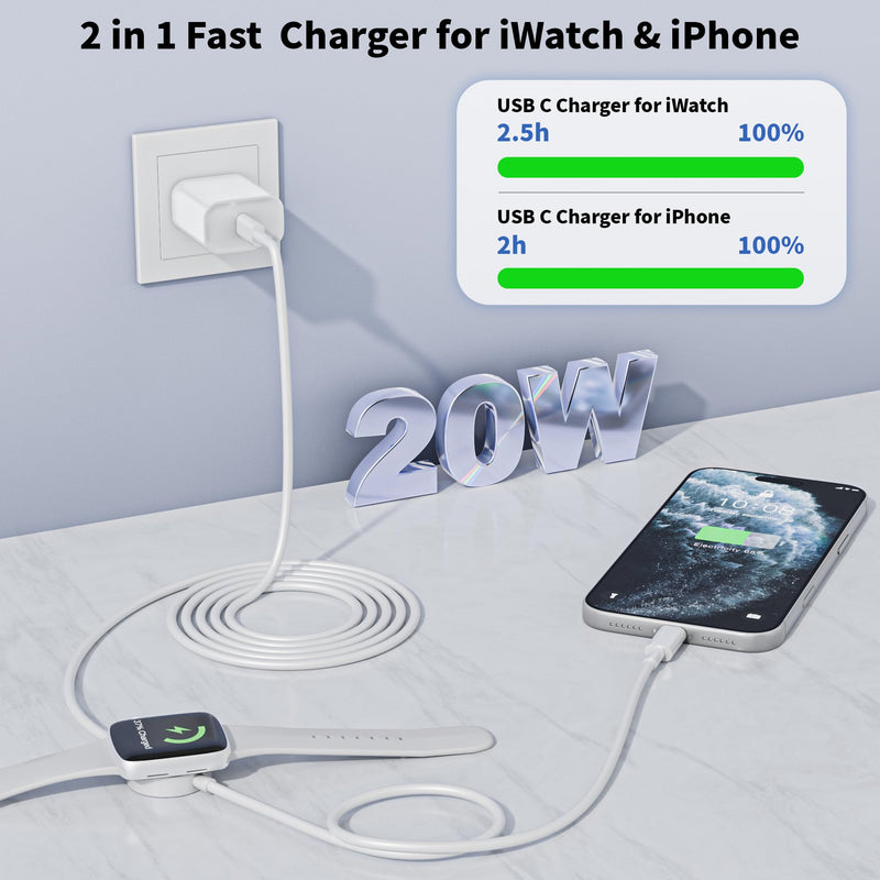 USB C Fast Charger for Apple Watch, 2 in 1 iPhone and iWatch Charger Cable | 2 in 1 USB C iWatch Fast Charging Cable and 20W USB C Block for Apple Watch Series 11/10/9/8/7/6/5/SE/Ultra,iPhone 17/16/15