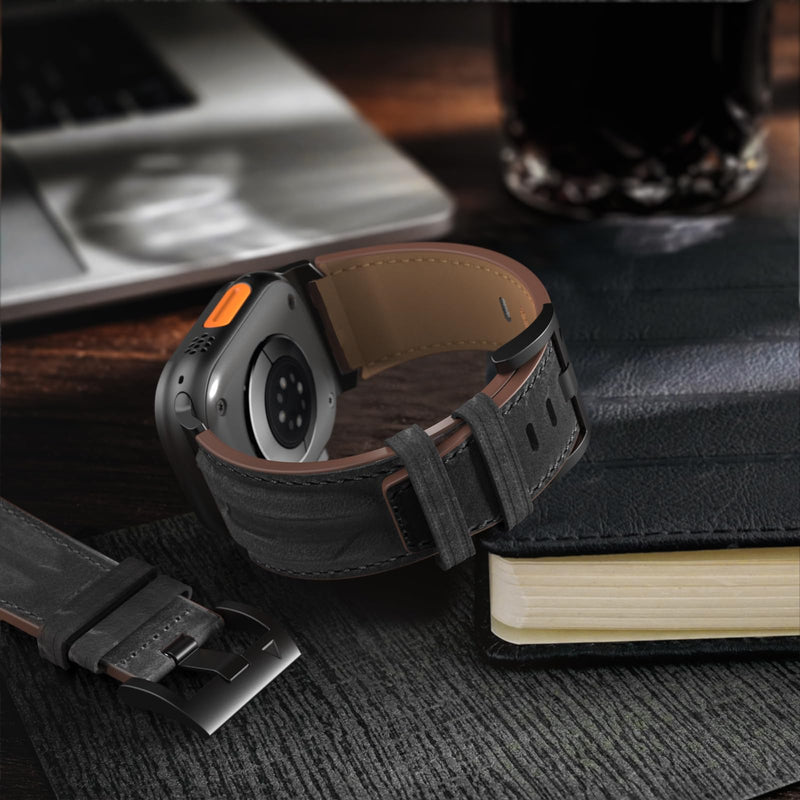 Top Grain Genuine Leather Compatible with Apple Watch Ultra Band 49mm 46mm 45mm 44mm 42mm, Rugged Metal Connector Band Strap for Women Men iWatch Ultra 2/1 Series 10 9 8 7 6 5 4 3 2 1 SE