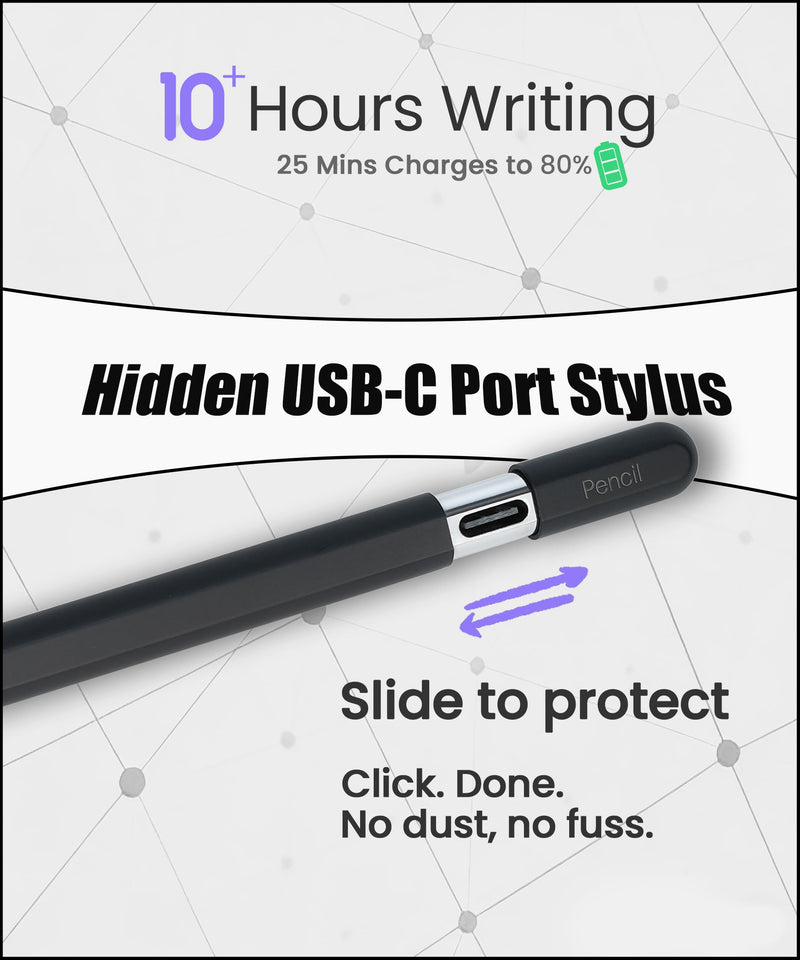 USB-C Pencil for iPad 2018-2026: Hidden-Port & BT Shortcut Button | Stylus Pen with Tilt Sensitivity & Palm Rejection for iPad 6-11th&Mini 5-7th, Air 3-5th/M2/M3, Pro 11"/12.9"/13"(M4/M5)Black Black