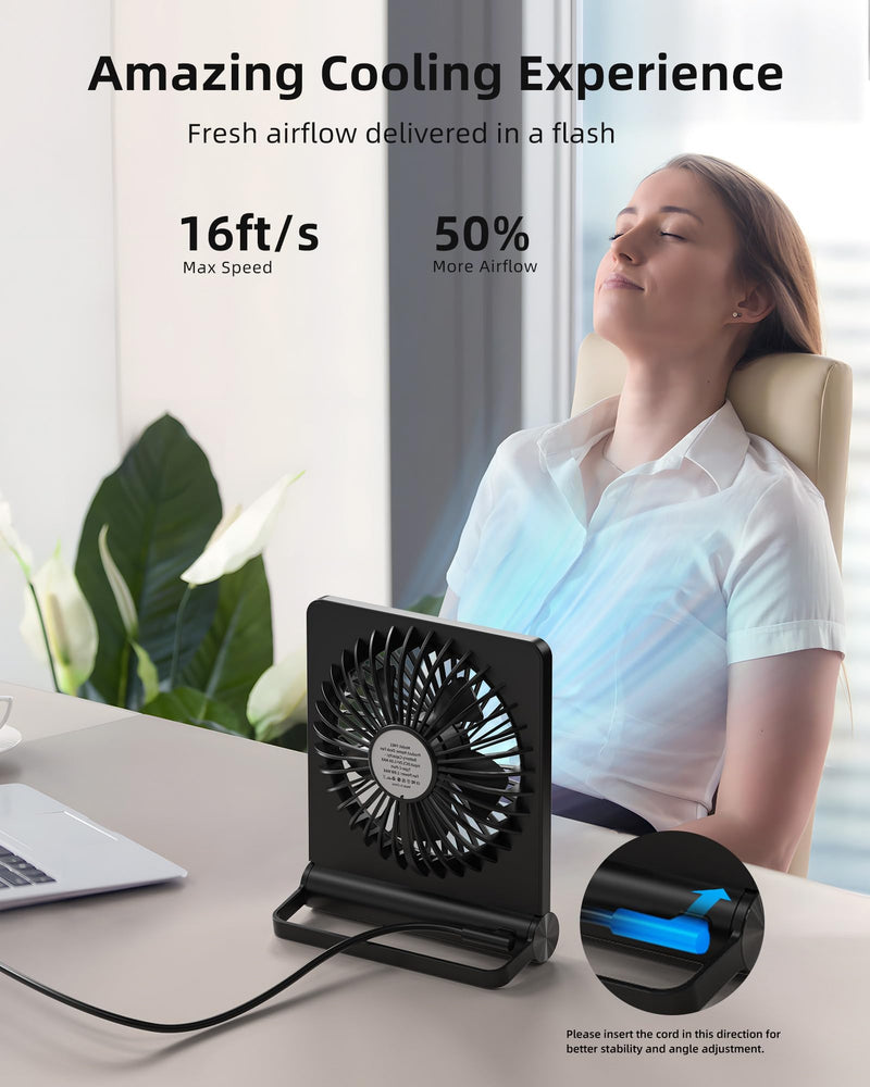 Koonie USB Fan, Strong Wind Ultra Quiet Small Desk Fan 220° Tilt Folding 3 Speeds Adjustable USB-C Corded Powered Personal Fan for Home Office Desktop Black Black without Battery