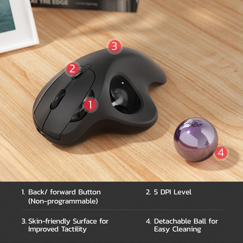 Nulea Wireless Trackball Mouse, Rechargeable Ergonomic, Easy Thumb Control, Precise & Smooth, 3 Device Compatible, Bluetooth or USB C-Purple