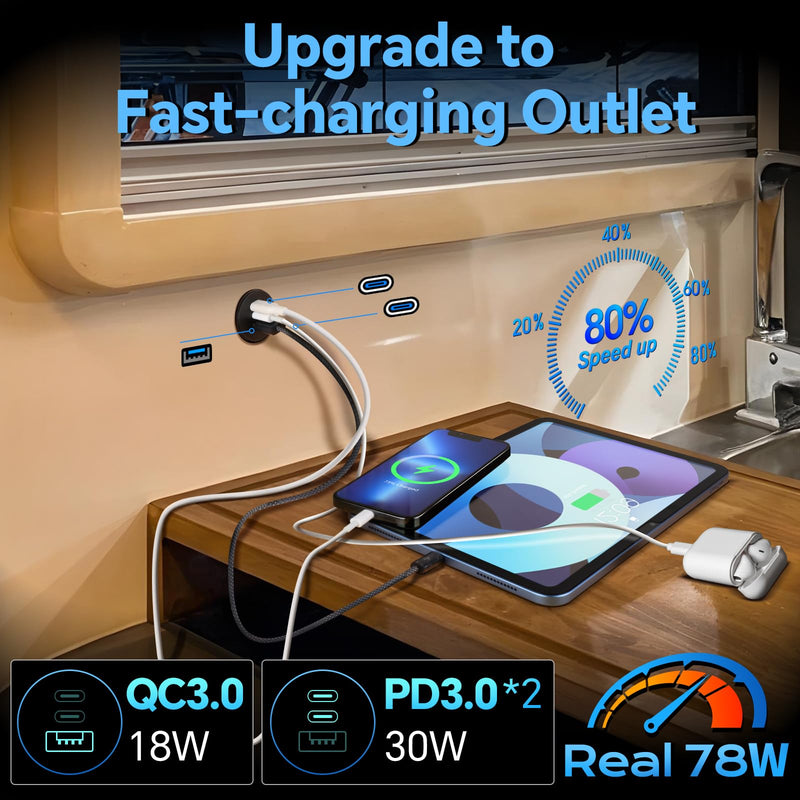 acegoo 78W 12V USB Outlet, 3 Port Fast Charging Aluminum Car USB C Charger | Multi Protection,Cigarette Lighter Replacement, No-Backlight Design, No Standby Power,For RV Camper Trailer Truck Car Boat 2 Pcs