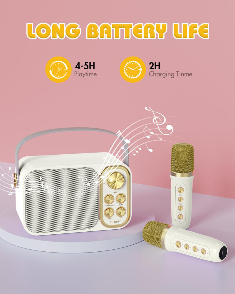 Mini Karaoke Machine for Kids Adults, Portable Bluetooth Speaker with 2 Wireless Microphones, Kids Karaoke Machine for Girls Boys, Toys Birthday Gifts for 3-12+ Years Old Toddler (White)