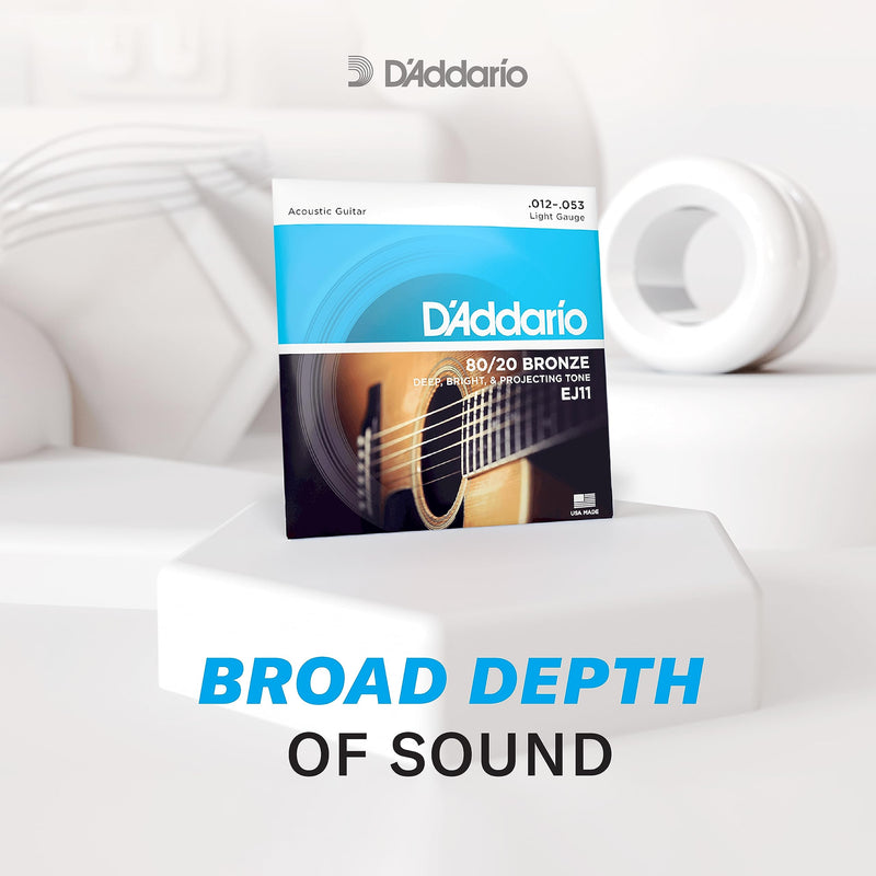D'Addario Acoustic Guitar Strings, 80/20 Bronze, EJ11-3D, Light Gauge 12-53, 6-String Set, Pack of 3 3-Pack Light, 12-53