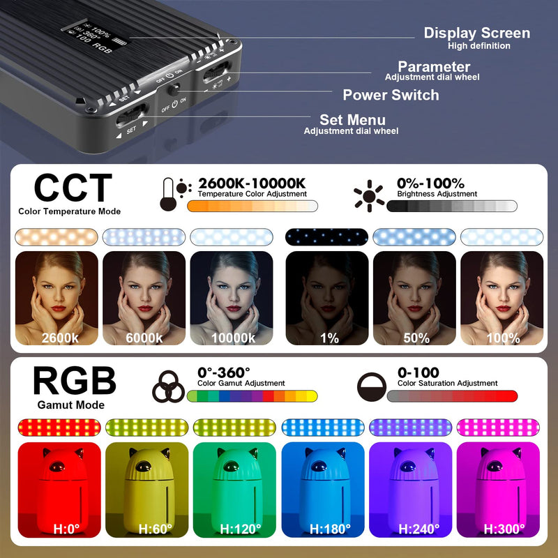[AUSTRALIA] - G2 Pocket RGB Camera light,32Wh Built-in 4300mAh Rechargeable Battery 360°Full Color Gamut 9 Light Effects,2600-10000K LED Video Light Panel with Aluminum Alloy Body, Adjustable Tripod Stand 