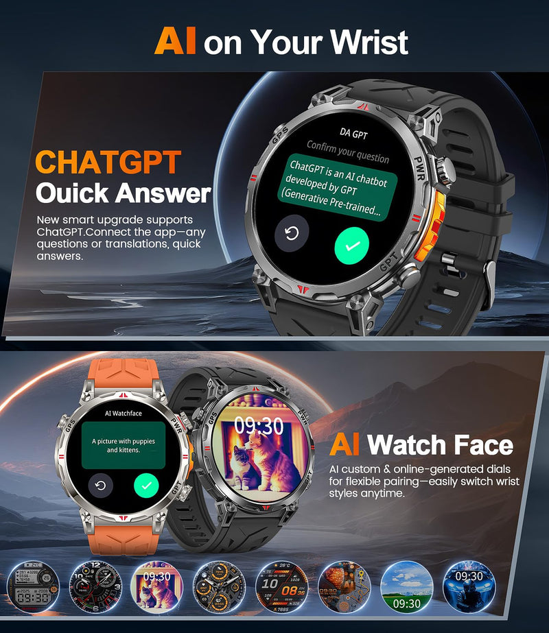 Military Smart Watches for Men GPS, 1.56" AMOLED Screen Bluetooth Call, Smartwatch for Android Phones and iPhone, 100+ Sport Modes, 3ATM Waterproof Smart Watch with Compass Black & Orange