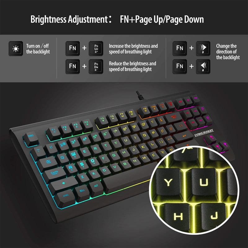 Rainbow LED Backlit 87 Keys Gaming Keyboard, Compact Keyboard with 12 Multimedia Shortcut Keys USB Wired Keyboard for PC Gamers Office