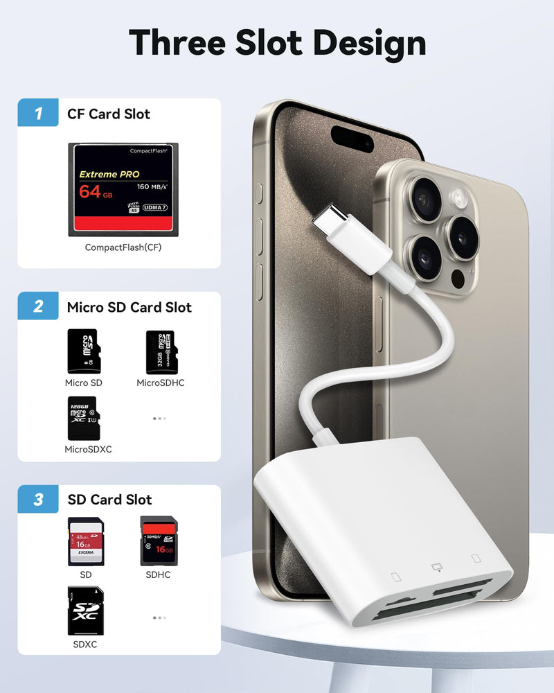 SD Card Reader USB C for iPhone 15/Android Phone/iPad/Mac/Laptop, Three Card Slot Micro SD Card Reader Supports SD Micro SD CF Card, Digital Camera Viewer Memory Card Reader Plug and Play three slot (USB-C)
