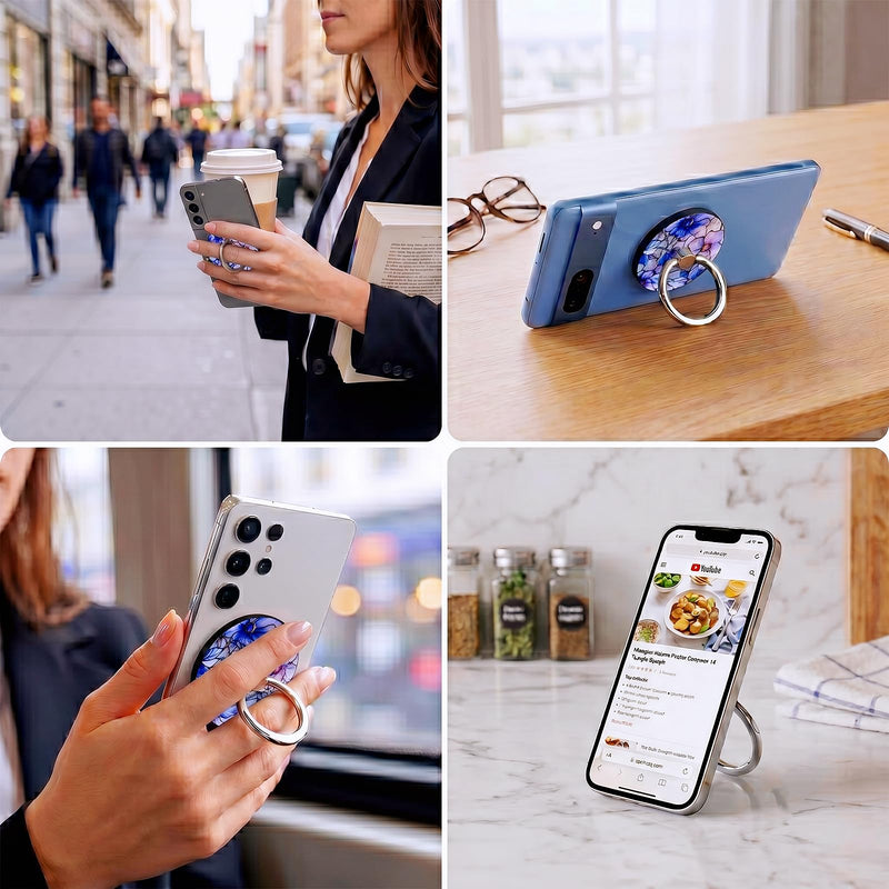 Magnetic Phone Ring Holder with MagSafe, 360° Rotation Super Magnet Finger Grip Removable Kickstand, Cute Stained Glass Floral Designed Stand for iPhone 17 16 15 14 13 12 Pro Max Plus, Purple Flower