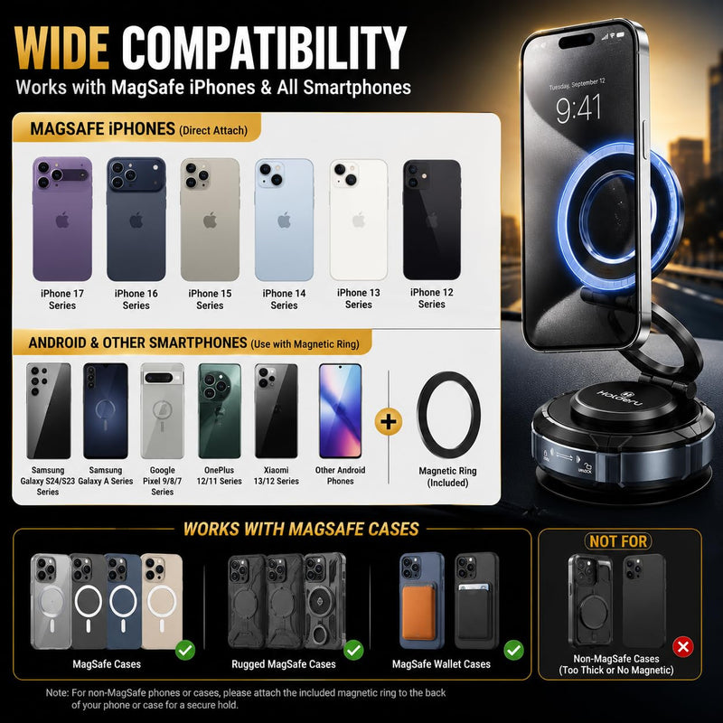 Magnetic Phone Holder for Car, 3-in-1 Magnetic Car Phone Mount for MagSafe with Dashboard, Air Vent & Steering Wheel Mounts, N55 Strong Magnet, Hands-Free Holder for iPhone 12-17 & MagSafe Cases