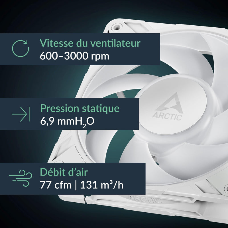 ARCTIC P12 Pro A-RGB (White) - Powerful Premium Fan, 120 mm PWM Fan with Y-Cable Splitter, 600-3000 RPM, 0 RPM <5% PWM, 5V Digital RGB, Fluid Dynamic Bearing, 4-Pin - White