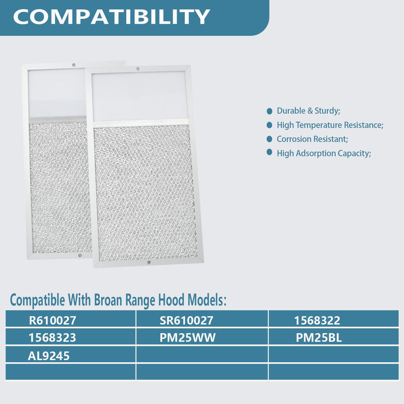R610027 Range hood Filter with Light Lens Replacement For Broan range hood R610027 SR610027 1568322 1568323 PM25WW PM25BL AL9245 Aluminum Mesh Grease Filter 7-5/8" x 14-1/8" x 3/8" 2 Pack