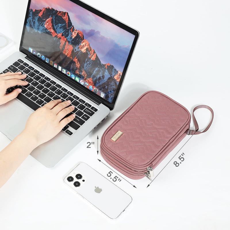 NISHEL Travel Cord Organizer Case, Double Layers Tech Electronic Case, Travel Essentials for Charger, Cable, Phone, Flash drive, Rose-wood Pink Double layer