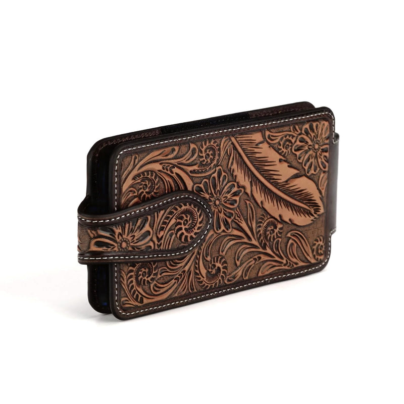 ARIAT Floral & Feather Leather Cell Phone Case, Belt Clip, Brown, Large | Leather construction, belt-clip carry, protective phone storage, western tooled detailing