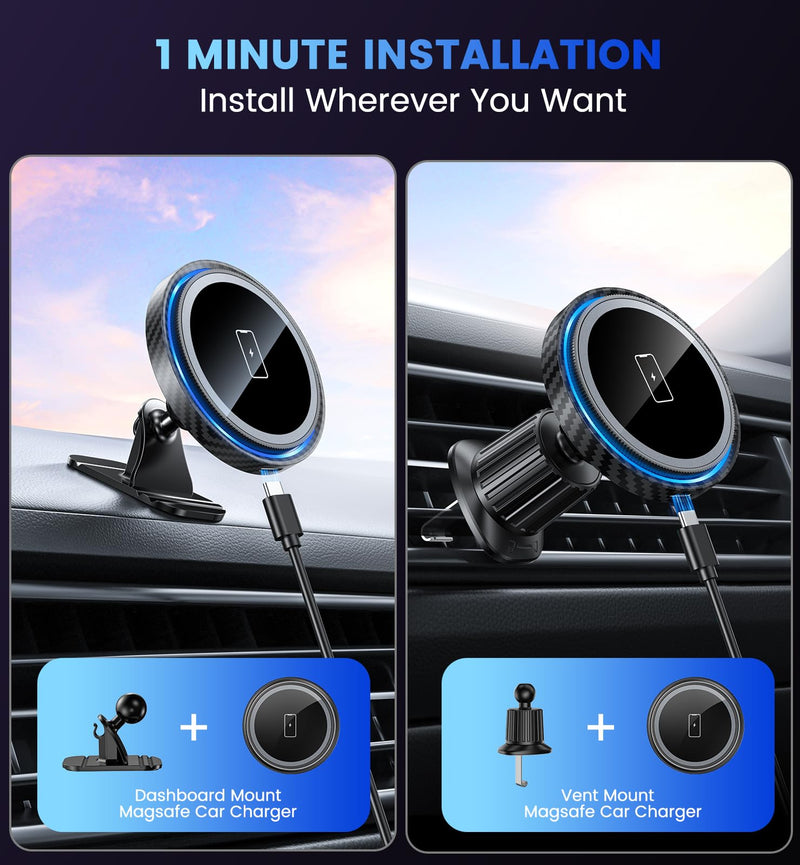 Magnetic Car Charger Mount 15W for iPhone 17-12 Pro Max | N52 Strong Magnets, 360° Rotation, Dashboard & Vent Mount, Compatible with Magnetic Cases, Gift for Men, Black CFBlack