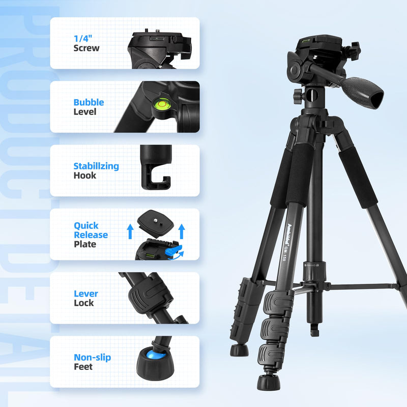 Ambitful 62" Professional Camera Tripod | Removable Horizontal Mount for DSLR/Phone/Camcorder/Spotting Scopes, Tall Video Recording