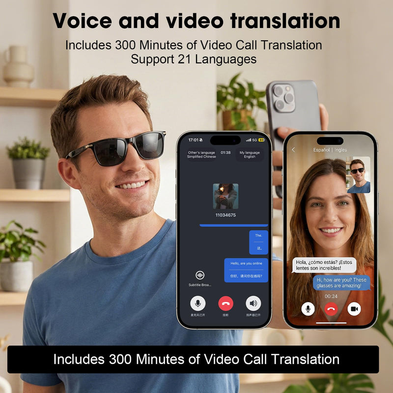 AI Smart Audio Translation Glasses with Real-Time Language Translation 139 Languages via App, Bluetooth Open-Ear Eyewear, AI Assistant, Photochromic Sunglasses, Meeting Recorder for Travel Business