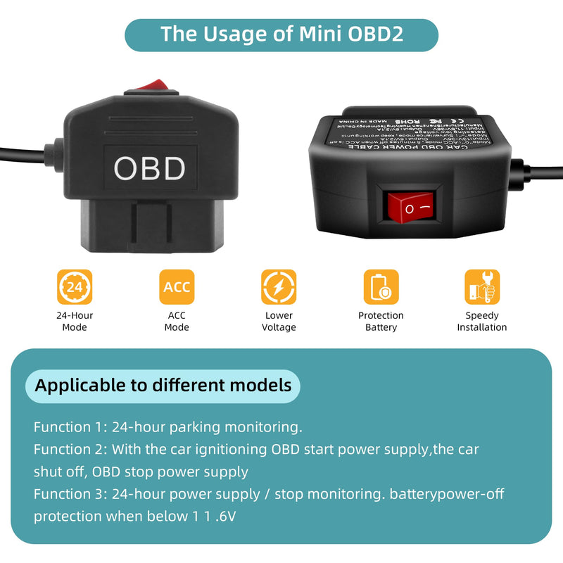 GELRHONR OBD Power Cable for Dash Camera, OBD2 Diagnostic Extension Adapter to 90Degree Mini USB with Switch Button, 24 Hours Surveillance/Acc Mode 12-24V to 5V/3A, for Dashcam, GPS -3.5M/11.5Ft