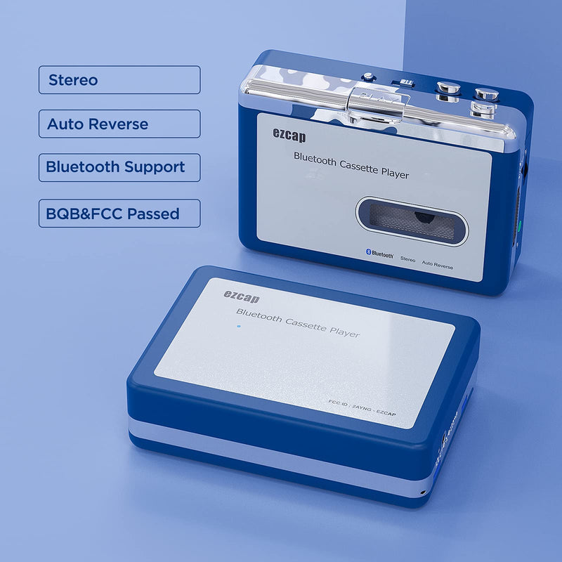 Ezcap Bluetooth Cassette Player, Walkman Tape Player with 3.5mm Jack Headphone and Speaker, Auto Reverse Function, USB Power/AA Battery Power Blue
