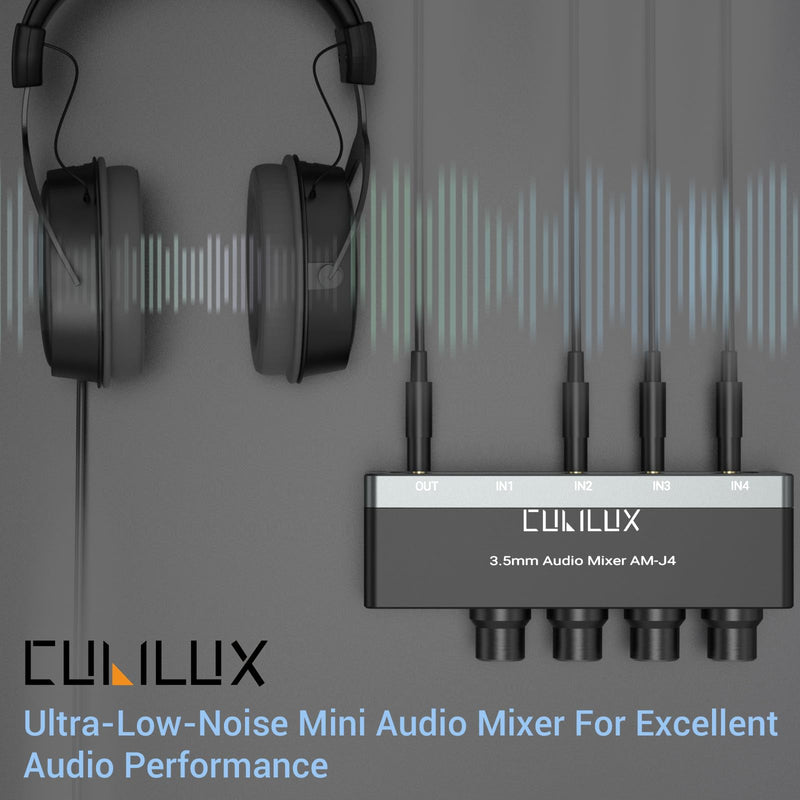 Cubilux 4-Channel 3.5mm Audio Mixer, Ultra-Low-Noise Mini Audio Mixer for Sub-Mixing, 1/8 TS/TRS Input, Stereo Switcher Suitable for Guitars, Bass, Keyboards