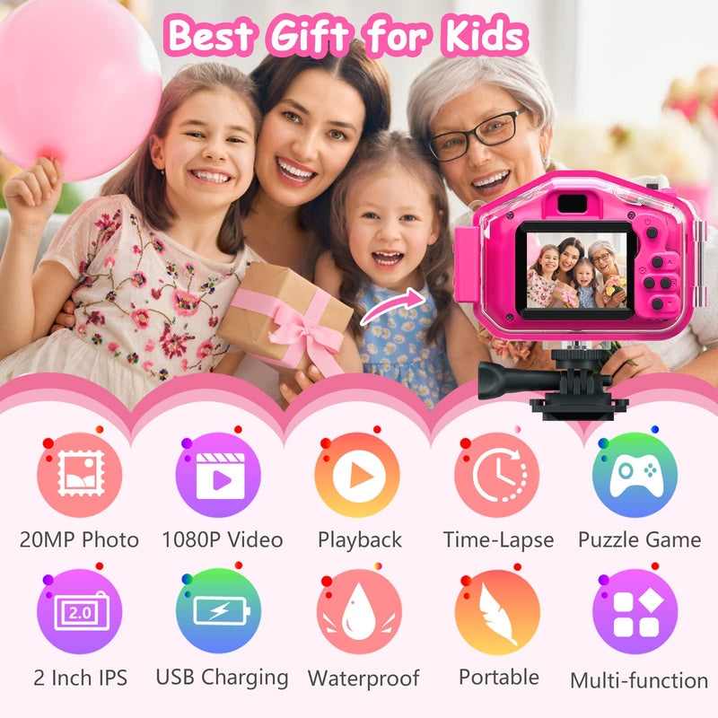 Agoigo Kids Waterproof Camera Toys for 3-12 Year Old Girls Christmas Birthday Gifts, Kids Underwater Sports Camera HD Children Digital Action Camera 2 Inch Screen with 32GB Card (Rose Red) Rose Red