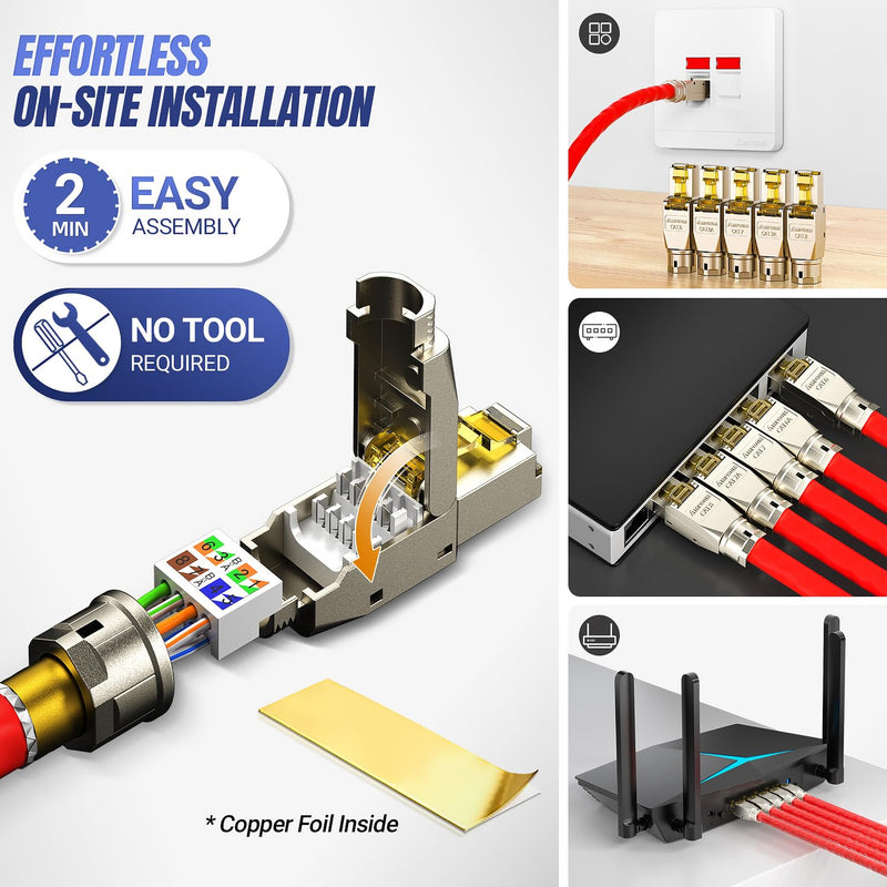 AMPCOM STP CAT8 RJ45 Connector Zinc-Alloy Tool-Free Ethernet Field Termination Modular Plug -12 Pack 12-Pack