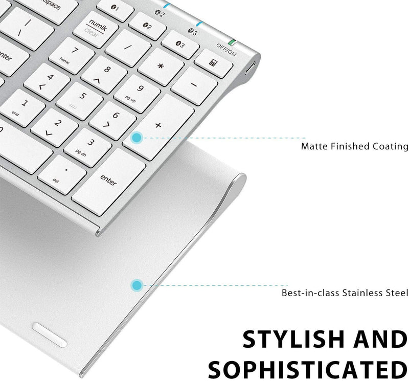 iClever BK10 Bluetooth Keyboard, Multi Device Keyboard Rechargeable Bluetooth 5.1 with Number Pad Ergonomic Design Full Size Stable Connection Keyboard for iPad, iPhone, Mac, iOS, Android, Windows silver