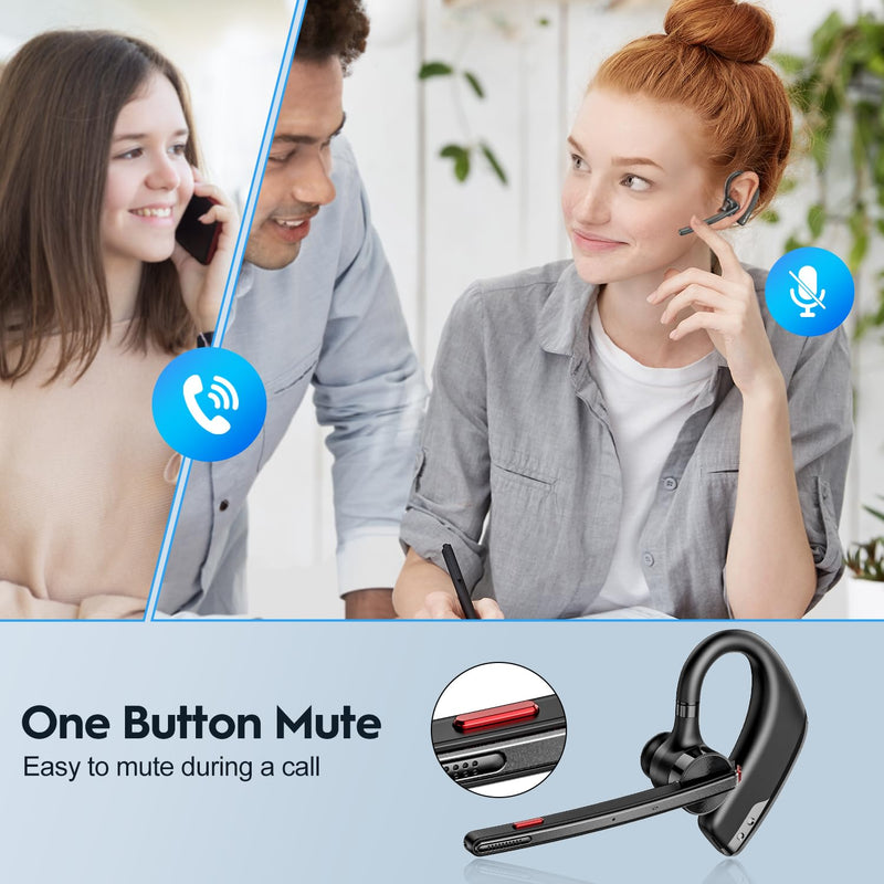 New bee Bluetooth Headset, Wireless Bluetooth Earpiece for Cellphone with 500mah Charging Case 80h Playtime V5.2 Dual Mic Noise Cancelling Hands-Free Earphones for Office Driver Black