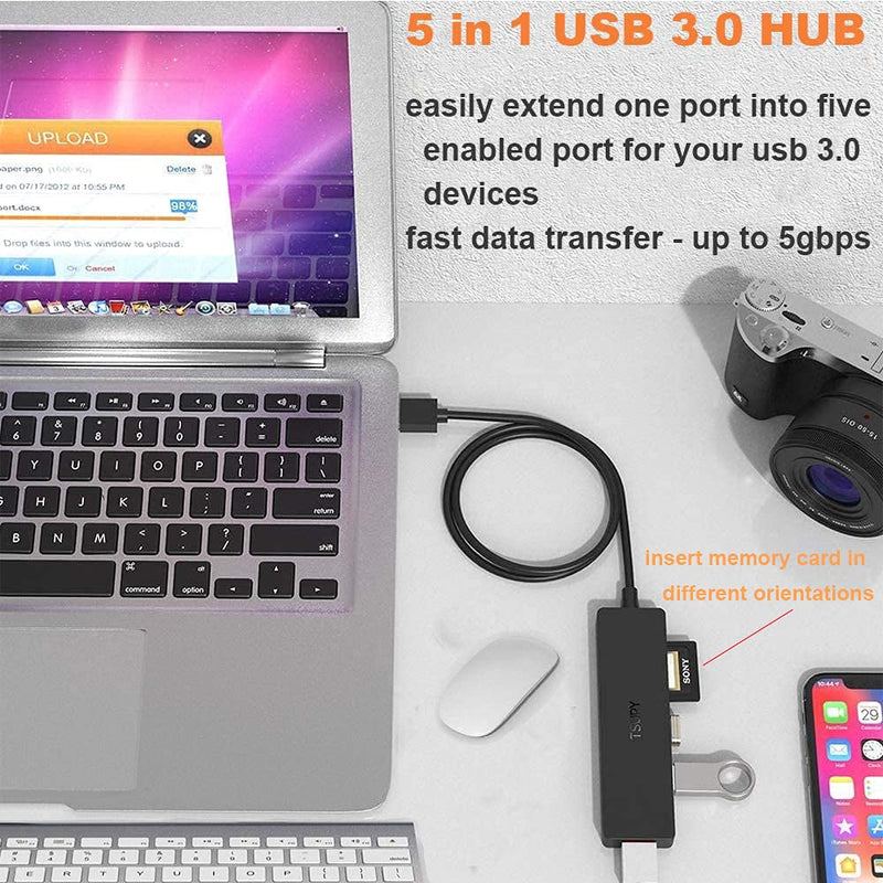 TSUPY USB 3.0 Hub Multi USB Data HUB with 4ft/48inch Extended Cable,SD/TF Card Reader & 3 USB 3.0 Ports Compatible for PC, Laptops, Surface Pro, MacBook, Mac Mini, iMac Pro