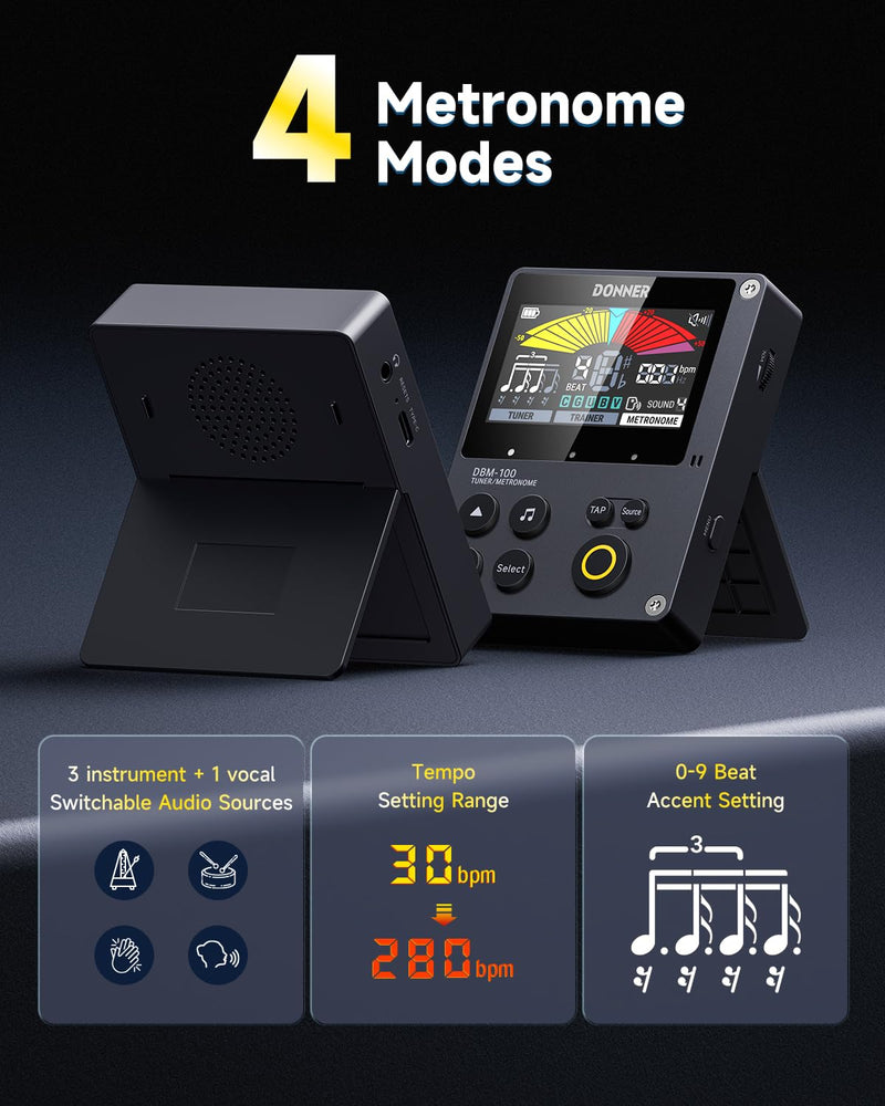 Donner Metronome Tuner, Rechargeable 3 In 1 Digital Metronome with Trainer Rhythm Mode, Tone Generator Tuners for Guitar, Bass, Violin, Ukulele, Chromatic, Piano, Flute, All Instruments, Black