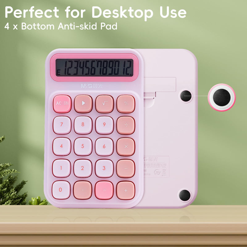 M&G Desktop Calculator 12 Digit Mechanical Switch Calculator with Large LCD Display, Basic Cute Pink Calculator with Big Buttons, Aesthetic Calculator for Office Home School (Battery Included)