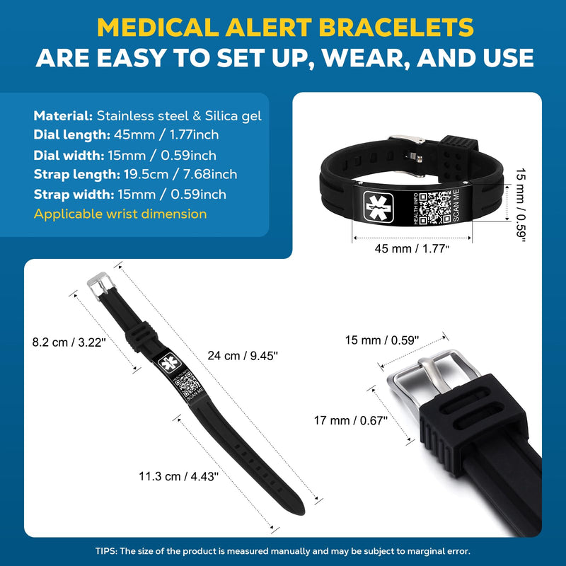 Medical Bracelets for Men Women with QR Code Medical Alert ID Bracelets for Sport Travel - Silicone Waterproof Wristband Fits Wrists Up to 8 inches - More Space Custom Emergency Medic ID Alert Information 9.45'' Folding Buckle - Black+Black