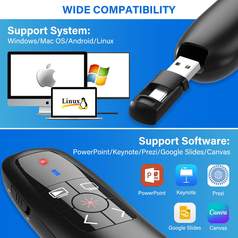 [AUSTRALIA] - 2-in-1 USB Type C Presentation Clicker, Clicker for PowerPoint Presentations, Rechargeable Wireless Presenter Remote, Pointer RF 2.4GHz USB PowerPoint Clicker Slide Advancer with Volume Control F05 RECHARGEABLE USB-C 