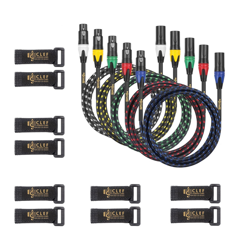 (5-Pack 3-Pin XLR Male to Female Cable, 22AWG, 3FT, Shielded - Black Zinc Alloy Shell with Multi-Color Braided Design - Pro Grade for Studio & Live Performance