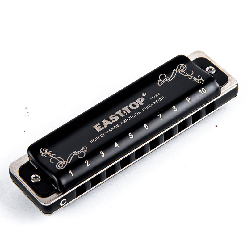 [AUSTRALIA] - EAST TOP T008K 2.0 Update Harmonica Key of C, 10 Holes Diatonic Mouth Organ with Zipper Case, Standard Deluxe Harmonica For All Levels, Professionals, Beginners and Students, as a Gift BLACK-C 
