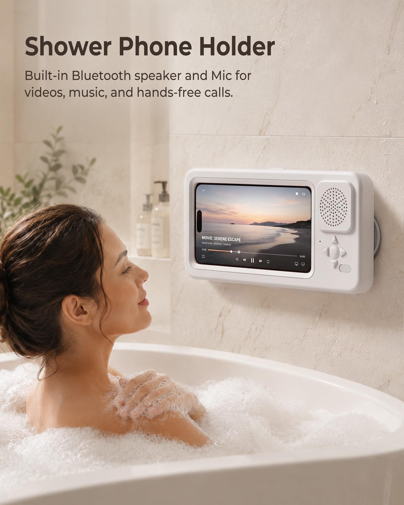 Shower Phone Holder Waterproof with Wireless Bluetooth Speaker | IP67, Anti-Fog HD Touch Screen, Bathroom Wall Mount Phone Case, 360° Rotating, Hands-Free Calls, Fits 4.7-7" Phones White
