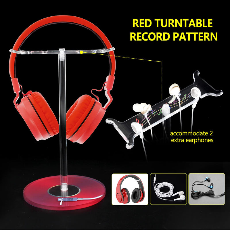 Acrylic Headphone Stand Headset Holder,Transparent Desktop Gaming Headset Stand Hanger Rack for Desk with 2 Earphone Hangers(Red Record/LP) Red Record/LP