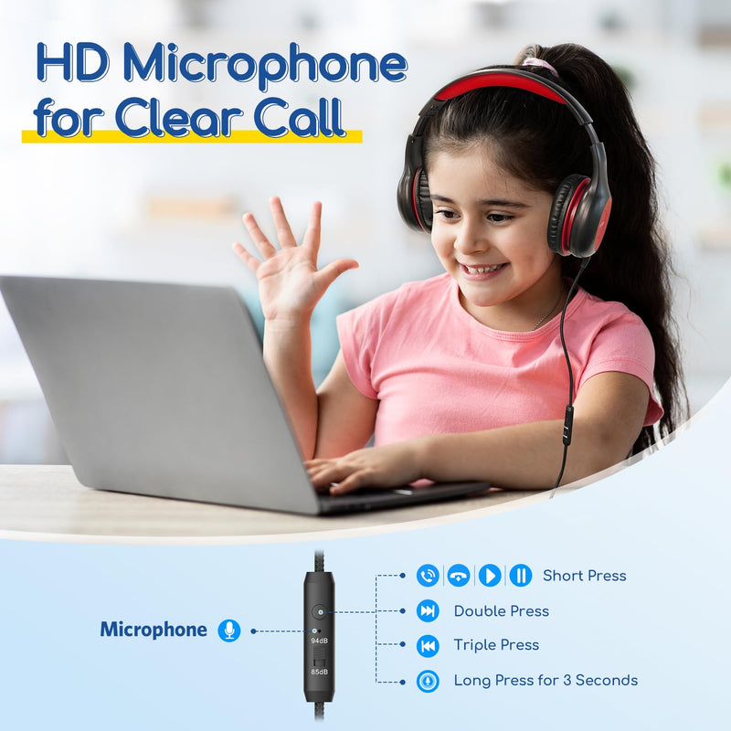 [AUSTRALIA] - EarFun Kids Headphones Wired with Microphone, 85/94dB Volume Limit Portable Headphones for Kids with Shareport, Stereo Sound Foldable Headset for School/Tablet/iPad/Kindle, Black Red Plug 3.5mm 