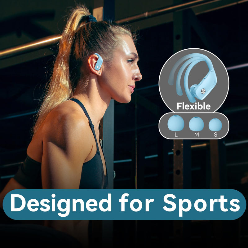 2 Sets Wireless Earbuds Bluetooth Headphones 48hrs Play Back Sport Earphones with LED Display Over-Ear Buds with Earhooks Built-in Mic Headset for Workout Black + Sky Blue