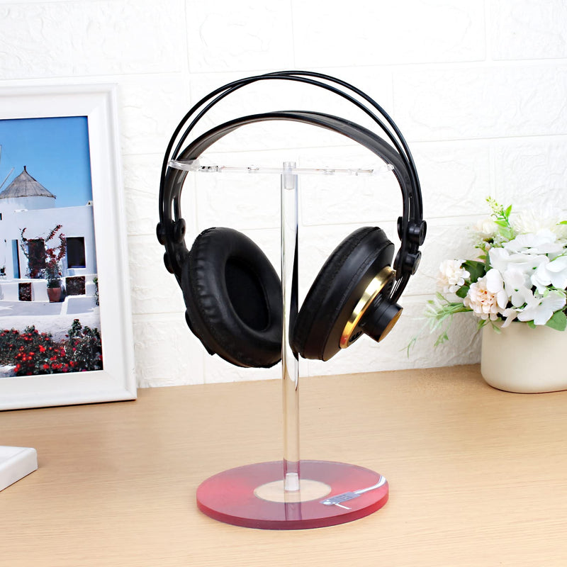 Acrylic Headphone Stand Headset Holder,Transparent Desktop Gaming Headset Stand Hanger Rack for Desk with 2 Earphone Hangers(Red Record/LP) Red Record/LP