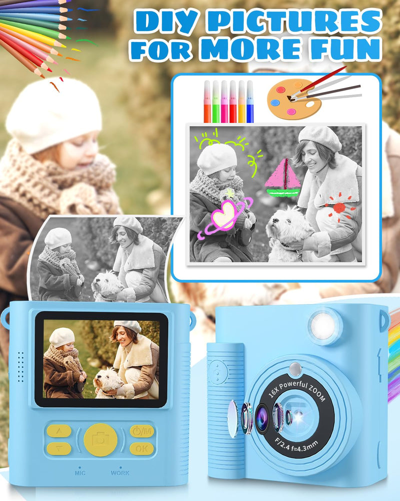 Instant Print Camera for Kids,1080P HD Digital Kids Camera with 32G SD Card,Video Camera for Toddler Christmas Birthday Gifts for 3 4 5 6 7 8 9 10 11 Years Old Girls Boys BLUE