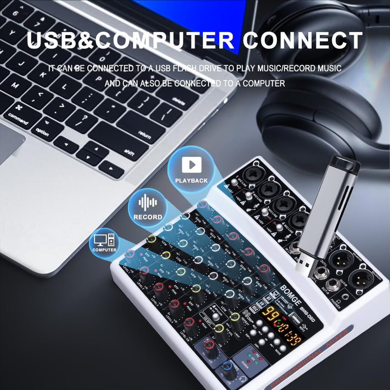 BOMGE 6 Channel Audio Sound Mixer - Professional Digital DJ Mixing Console for Live Streaming, Karaoke and Stereo Recording - With PC Computer Record Playback/Bluetooth/MP3/USB/48V /99 DSP White