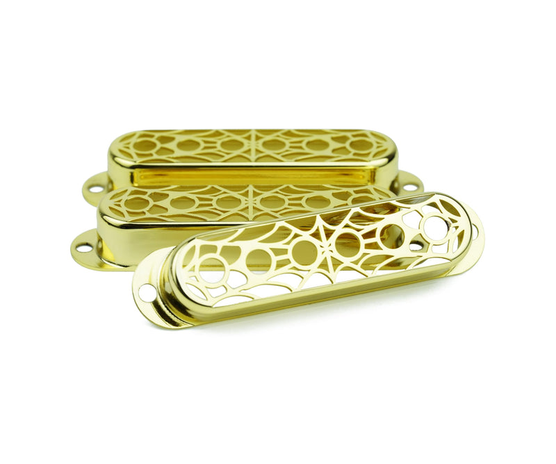 Guyker 3Pcs Single Coil Guitar Pickup Covers (52mm Pole Spacing), Copper Hollow Out Spider Web Style Pickup Mounting Ring Set Guitar Accessories Replacement Part(PS007, Gold) PS007, Gold