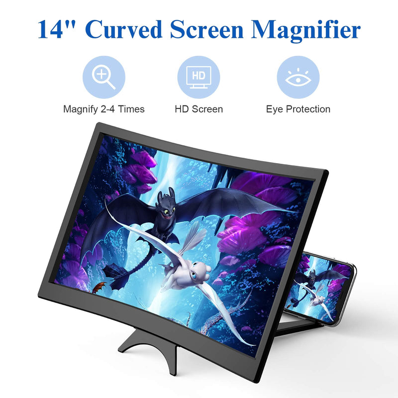 14" Curved Screen Magnifier for Cell Phone -3D HD Magnifing Projector Screen Enlarger for Movies, Videos, and Gaming – Foldable Phone Stand Holder with Screen Amplifier–Compatible with All Smartphones