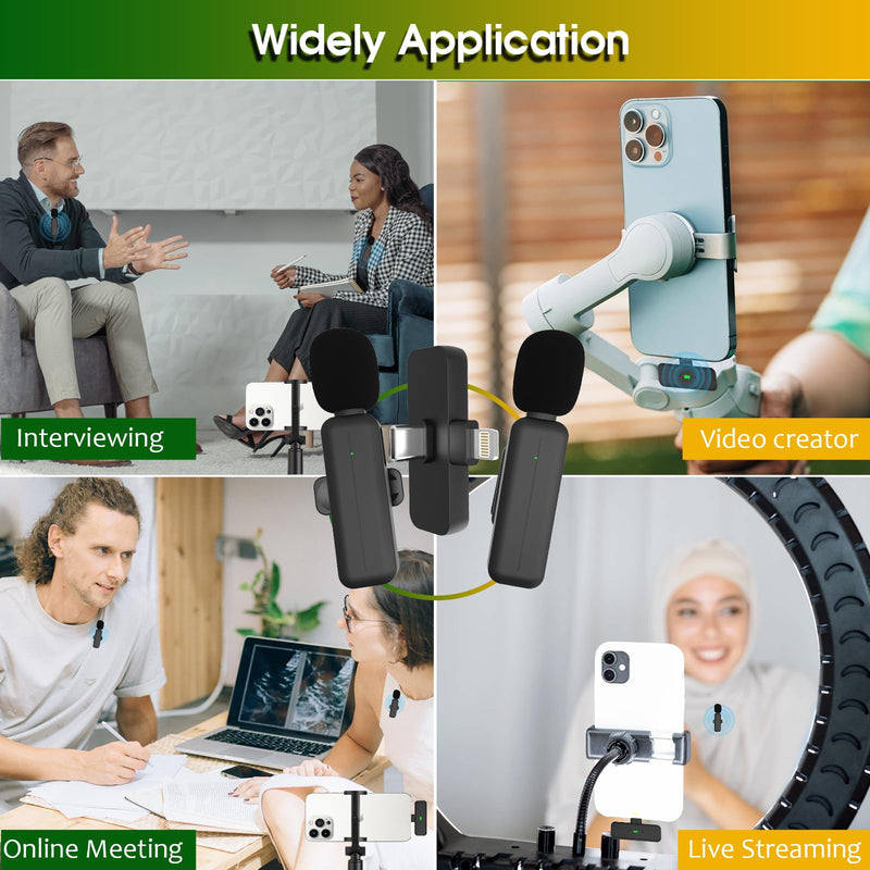 [AUSTRALIA] - 2 Pack Wireless Mini Lavalier Lapel Microphone for iPhone,Android Phone(2 in 1) - 80ft Cordless Clip on Dual Mics with Noise Reduction 5H Working Time for Video Recording Vlogging, YouTube, Interview Black 